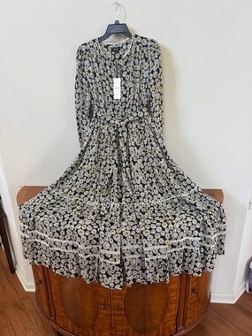 ME+EM Black Floral Maxi Dress with Yellow and White Daisies, NWT